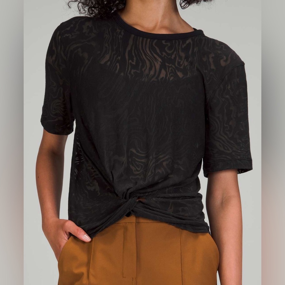 Lululemon Crescent Tee Veil Black Sheer Knot-Front Top
